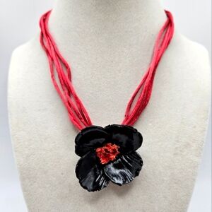 NEW VINTAGE Lisner 3D Poppy Flower Pendant Silk Cord Choker Necklace